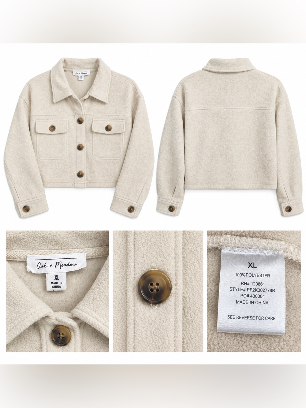 Oak + Meadow Women’s XL Cream Cropped Fleece Shacket Button Front Jacket